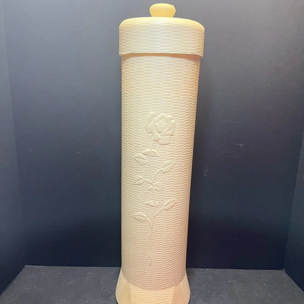 Vintage Tall Plastic Paper Holder Canister w Lid Roses 60’s-70’s